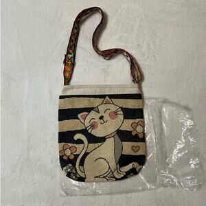 Knitted Canvas Cross Body Bag Tote Purse Vintage Embroidery Boho Style Bag Cat